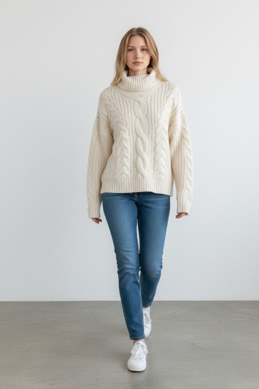 Cloth By RD Cable Knit Turtleneck Pullover Sweater Cream Women's Size M NWT